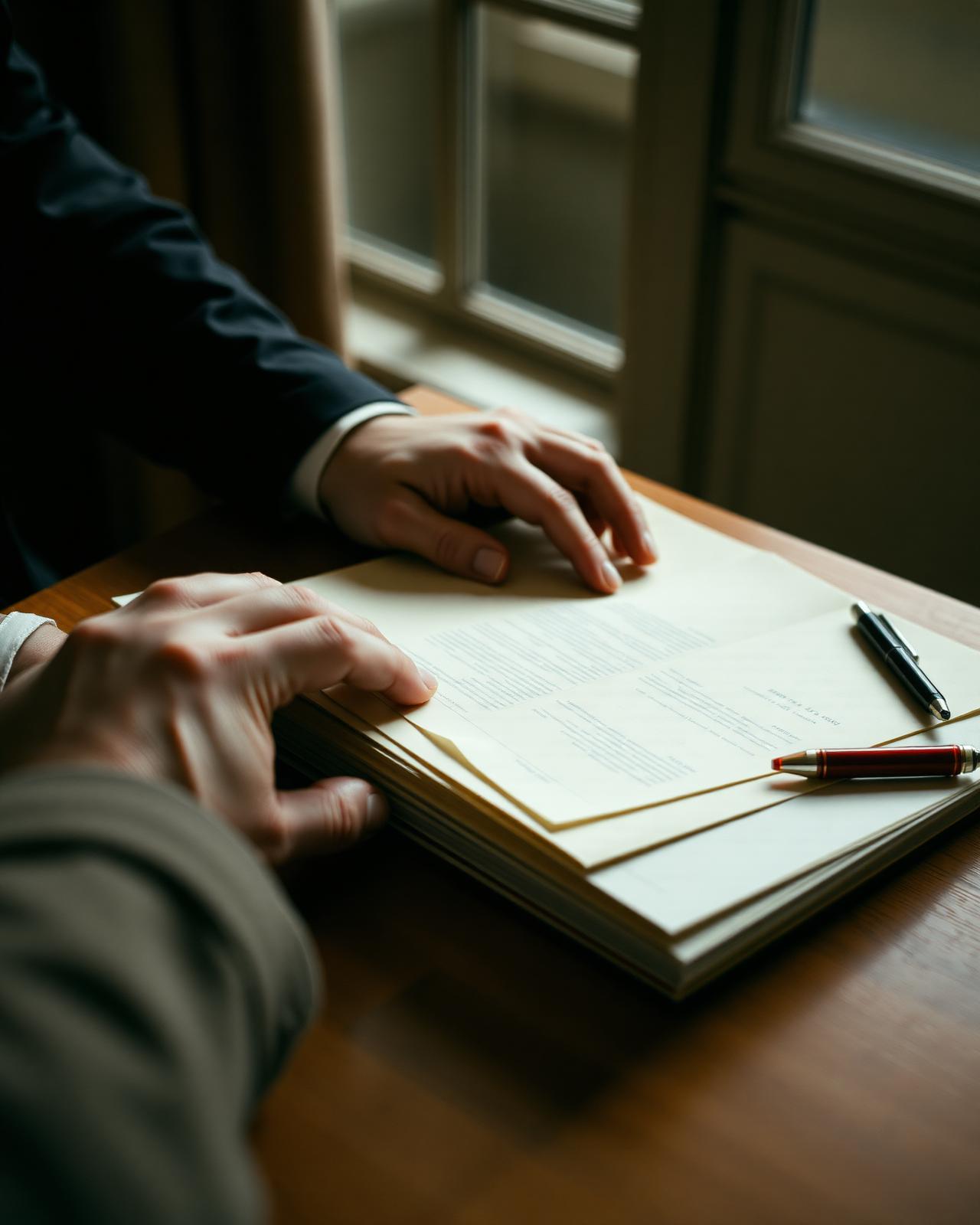Immigration documents reviewed at a warm-lit desk